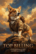 Painterly movie poster of a heroic corgi in a khaki explorer jacket with leather straps, posed on a rocky summit from a dramatic low angle against golden storm clouds, with the bold title TOP BILLING and a faux credit block at the bottom.