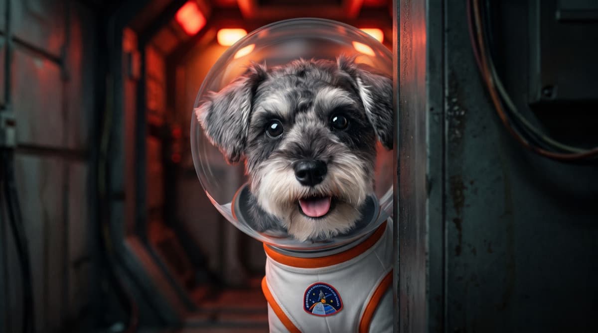Camyu in an astronaut suit and glass helmet peeks around a bulkhead in a red-lit spaceship corridor, tongue out.