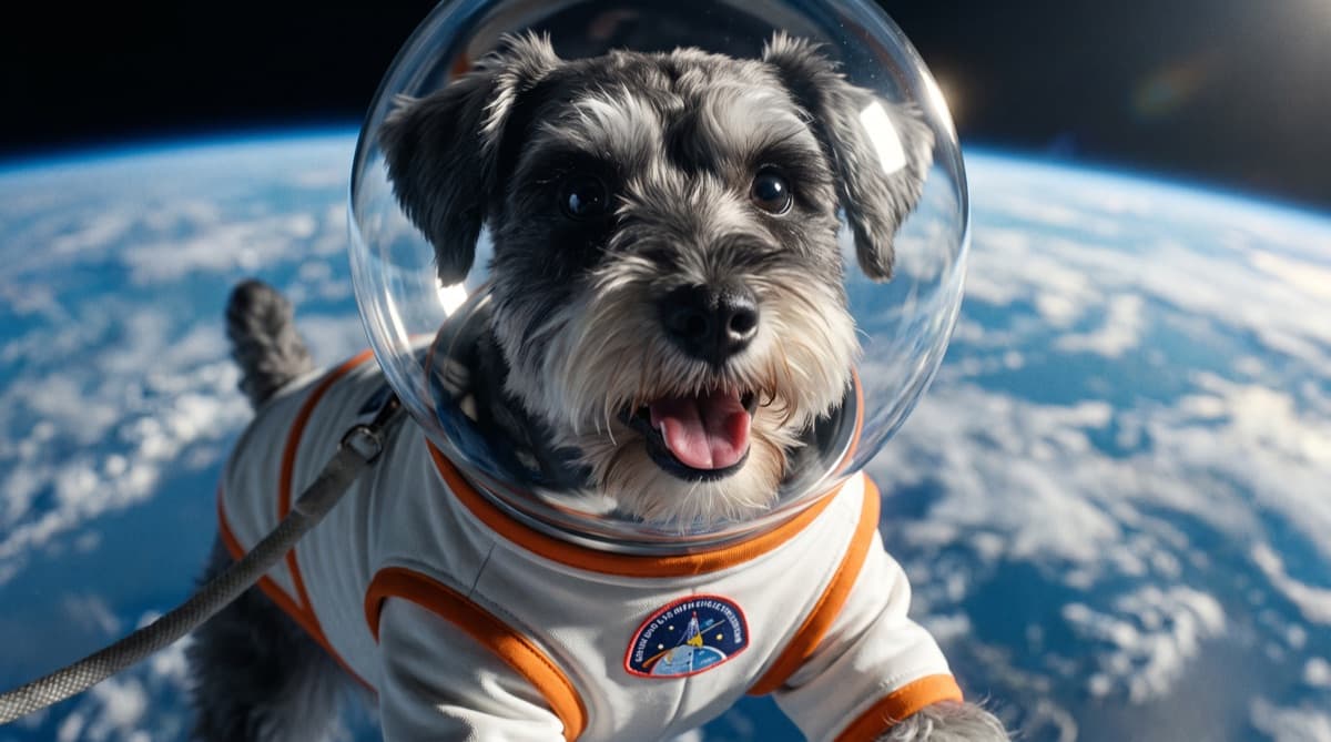 Camyu floating in his space suit above the blue curve of Earth, tether trailing.