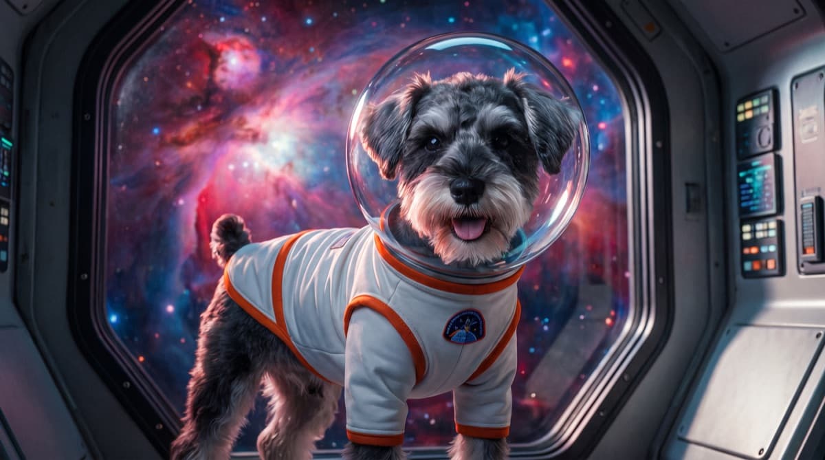 Wide shot of Camyu on the bridge, a vivid nebula filling the viewport behind him.