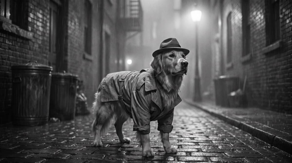 A Golden Retriever in a tiny belted trench coat and fedora stands in a rain-slicked 1940s cobblestone alley in dramatic black and white, lit by a single warm streetlamp cutting through the mist.